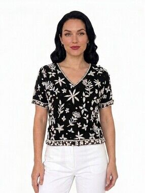 Pandora Vintage Hong Kong Beaded Sequined Wool Sweater Top Black Floral Size 36